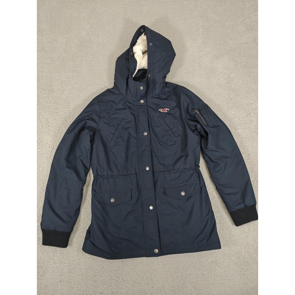Hollister Jacket Womens Large Navy Hooded Parka Sherpa Hood Plaid Quilted Lining